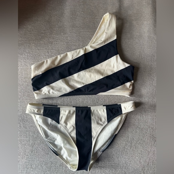 Tory Burch One-Shoulder Stripe Bikini Set — Black & Cream — Top L / Bottom M - Picture 2 of 6